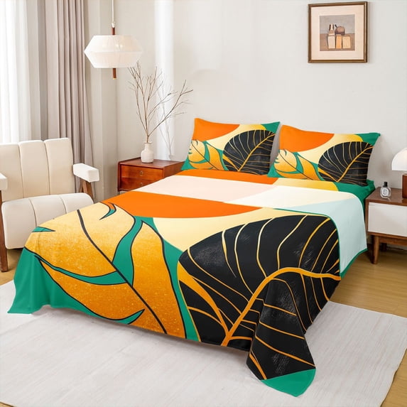 Homewish Female Men Retro Tree Leaves Full Size Sheets 4-Piece,Abstract Botanical Plants Breathable Bed Sheets,Vintage Aesthetic Lightweight Sheet Sets,Ultra Soft Home Decor