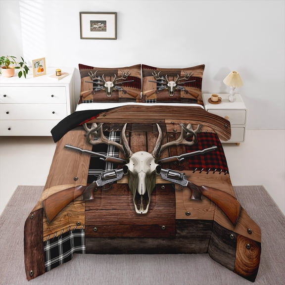 Homewish Female Men Western Bull Skull 3 Pieces Queen Comforter Set,Animal Hunting Ultra Soft Bedding Sets,Abstract Geometric Plaid Bedding Comforter Set Breathable,Super Cozy Room Decor