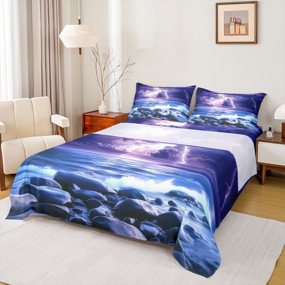Homewish Female Men Women Abstract Gradient Lightning Twin Sheet Sets 3pcs,Natural Disaster Twin Fitted Sheet Microfiber,Ocean Beach Breathable Flat Sheet,Breathable Home Decor