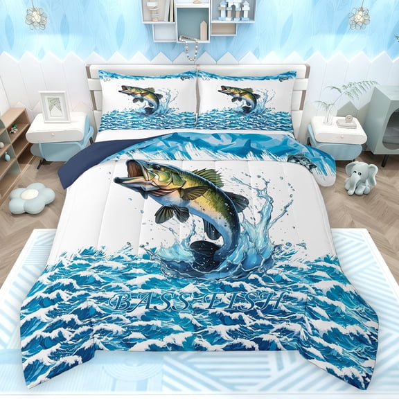Homewish Female Men Women Big Bass Fish Bedding Comforter Set 2pcs,Fishing And Hunting Twin Comforter Sets Microfiber,Abstract Vintage Lake Life Breathable Bedding Set,Breathable Home Decor