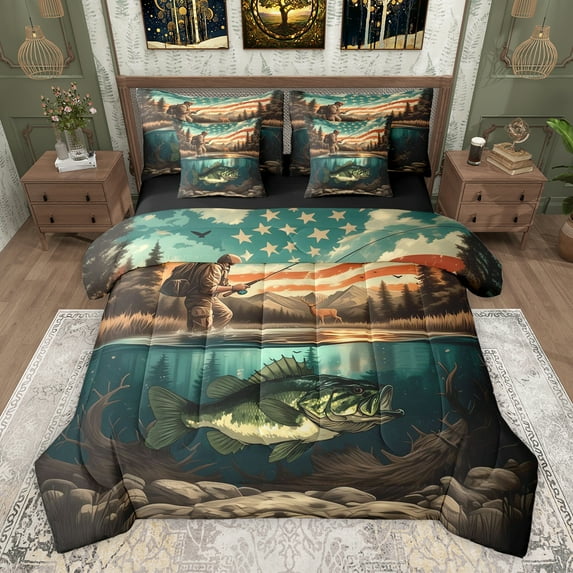 Homewish Female Men Women Big Bass Fish Bedding Comforter Set 7 Pieces,Fishing And Hunting Full Bedding Set Lightweight,Abstract Vintage US Flag Fitted Sheet Flat Sheet,Breathable Home Decor