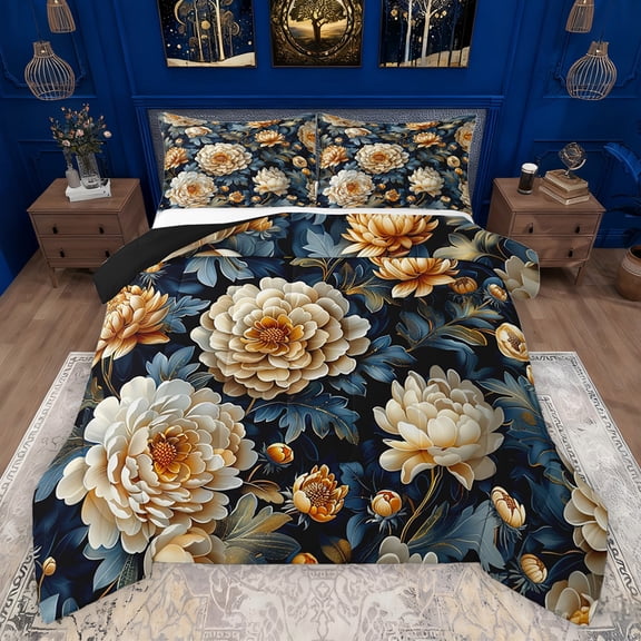 Homewish Female Men Women Floral Peony Bedding Comforter Set 2pcs,Chic Flowers Blossoms Twin Comforter Sets Microfiber,Retro Vintage Exotic Style Breathable Bedding Set,Microfiber Bedroom Decor