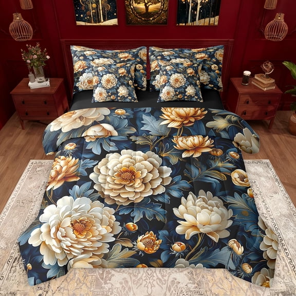 Homewish Female Men Women Floral Peony Bedding Comforter Set 7 Pieces,Chic Flowers Blossoms Full Bedding Set Lightweight,Retro Vintage Exotic Style Fitted Sheet Flat Sheet