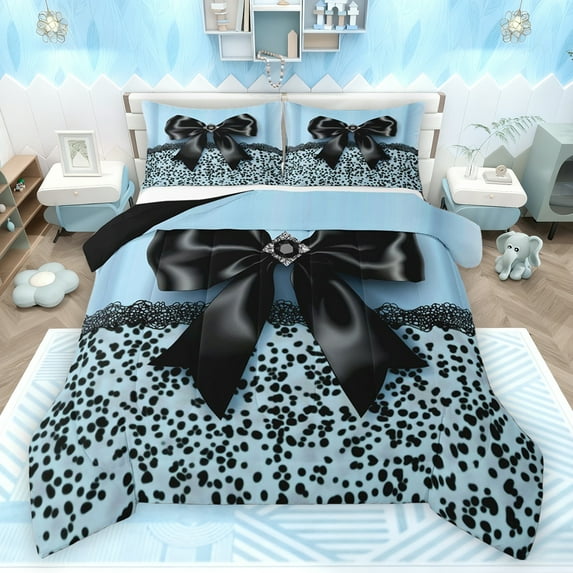 Homewish Female Men Women Kawaii Bowknot Full Size Comforter Sets 3-Piece,Dreamy Princess Bow Bedding Comforter Set,Abstract Polka Dots Lightweight Bedding Sets,Ultra Soft Home Decor,Reversible
