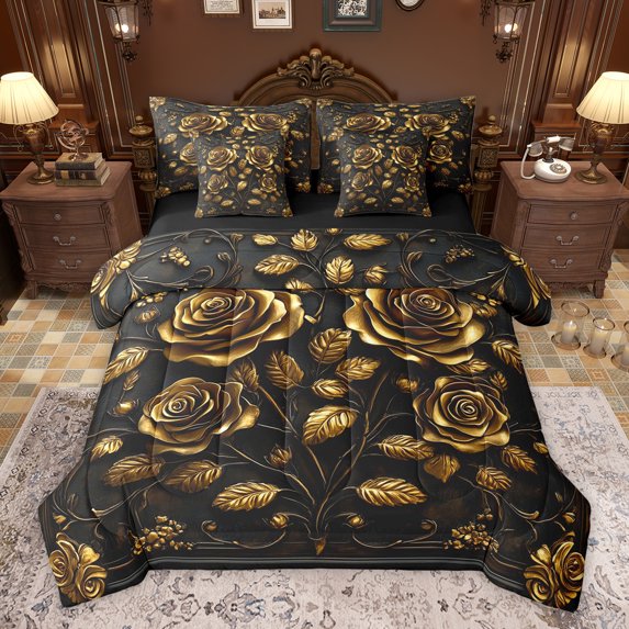 Homewish Female Men Women Luxury Floral Rose Bedding Comforter Set 7 Pieces,Vintage Chic Flowers Full Bedding Set Lightweight,Black Golden Fitted Sheet Flat Sheet,Microfiber Bedroom Decor