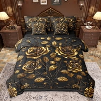 Homewish Female Men Women Luxury Floral Rose Twin Bedding Sets 7-Piece,Vintage Chic Flowers Bedding Comforter Set Microfiber,Black Golden Breathable Sheet Sets,Microfiber Bedroom Decor