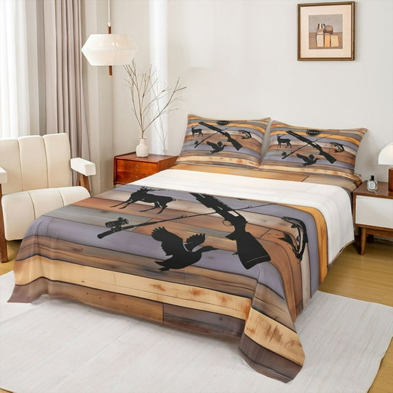 Homewish Female Men Women Pike Fish Mallard Duck Deer 4 Pieces Queen Sheet Sets,Fishing And Hunting Animal Ultra Soft Flat Sheet,Vintage Lodge Cabin Queen Fitted Sheet,Breathable Home Decor