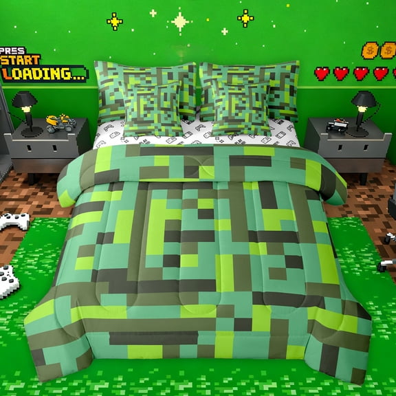 Homewish Female Men Women Pixelated Blocks Miners Bedding Comforter Set 7pcs,Building Blocks Construction Game Queen Bedding Sets Super Cozy,Abstract Geometric Plaid Grid Queen Sheet Sets