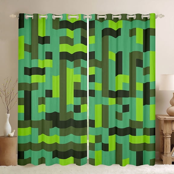 Homewish Female Men Women Pixelated Blocks Miners Blackout Curtains Set of 2 (52x84 Each),Building Blocks Construction Game Window Curtains,Abstract Geometric Plaid Grid Curtains and Drapes