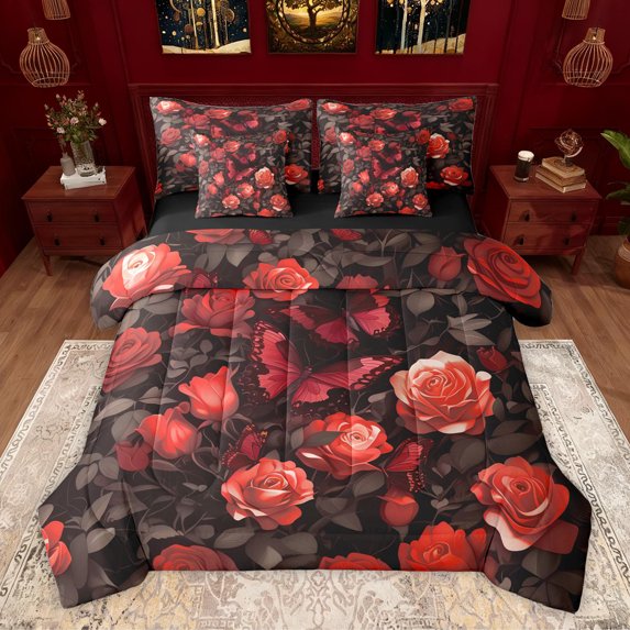 Homewish Female Men Women Romantic Floral Rose Bedding Comforter Set 7-Piece,Chic Flowers Blossoms King Bedding Sets,Flying Butterflies Ultra Soft Bed Sheets,Microfiber Bedroom Decor,Reversible