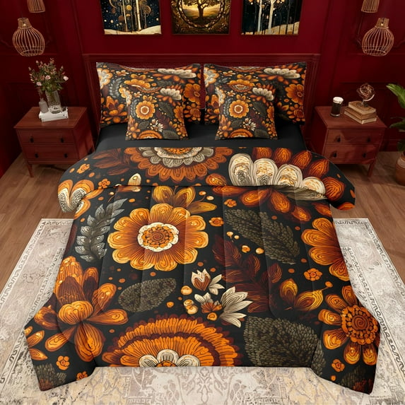 Homewish Female Men Women Rustic Bohemian Floral Bedding Comforter Set 7pcs,Chic Flowers Blossoms Queen Bedding Sets Super Cozy,Retro Vintage Exotic Style Queen Sheet Sets