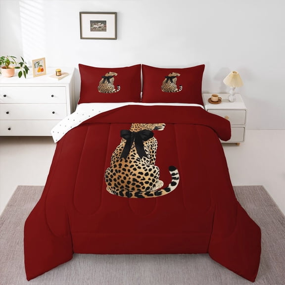 Homewish Female Men Women Safari Cheetah 3 Pieces Queen Comforter Set,Brown Red Ultra Soft Bedding Sets,Jungle Wildlife Leopard Bedding Comforter Set Breathable,Luxury Bedroom Decor,Reversible