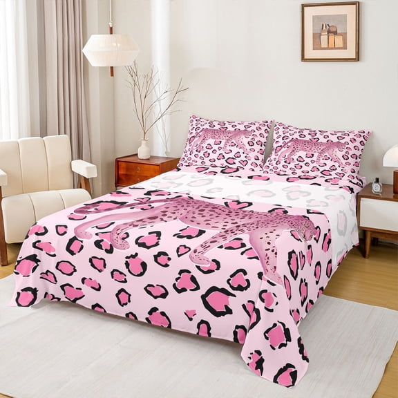 Homewish 4-Piece Safari Cheetah Black Pink Jungle Leopard Print King Microfiber Bed Sheets