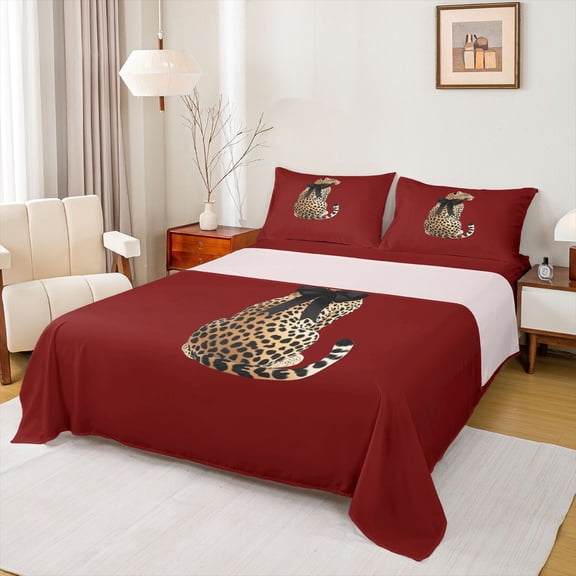 Homewish Female Men Women Safari Cheetah Twin Sheet Sets 3pcs,Brown Red Twin Fitted Sheet Microfiber,Jungle Wildlife Leopard Breathable Flat Sheet,Luxury Bedroom Decor