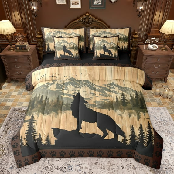 Homewish Female Men Women Safari Wolf Twin Bedding Sets 7-Piece,Jungle Animal Bedding Comforter Set Microfiber,Vintage Cabin Breathable Sheet Sets,Breathable Home Decor,Reversible