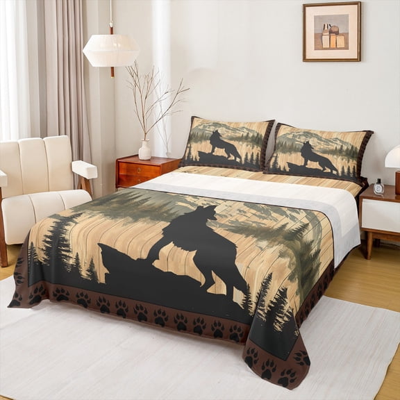 Homewish Female Men Women Safari Wolf Twin Sheet Sets 3pcs,Jungle Animal Twin Fitted Sheet Microfiber,Vintage Cabin Breathable Flat Sheet,Breathable Home Decor