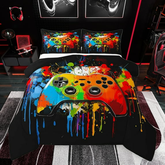 Homewish Female Men Women Video Game 3 Pieces Queen Comforter Set,Graffiti Splash Ultra Soft Bedding Sets,Abstract Gradient Gamepads Bedding Comforter Set Breathable,Ultra Soft Home Decor
