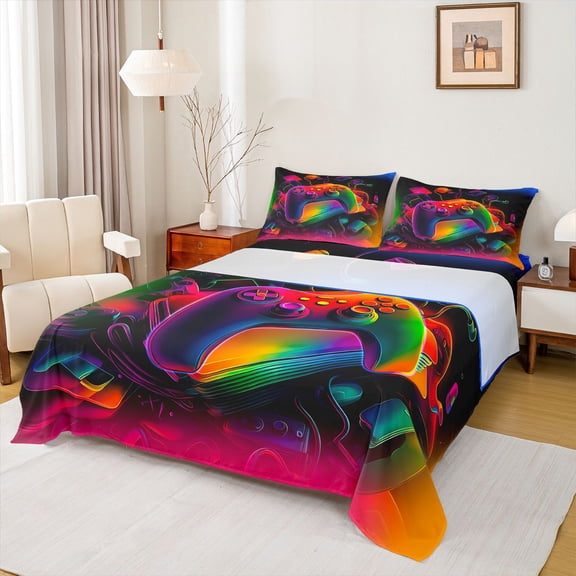 Homewish Female Men Women Video Game Twin Sheet Sets 3pcs,Ombre Gamer Twin Fitted Sheet Microfiber,Abstract Gradient Gamepads Breathable Flat Sheet,Ultra Soft Home Decor