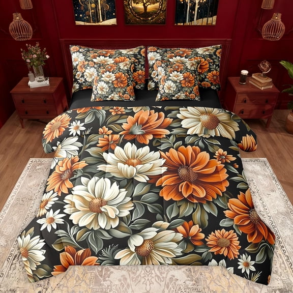 Homewish Female Men Women Vintage Rustic Floral Twin Bedding Sets 7-Piece,Chic Flowers Blossoms Bedding Comforter Set Microfiber,Retro Exotic Luxury Style Breathable Sheet Sets