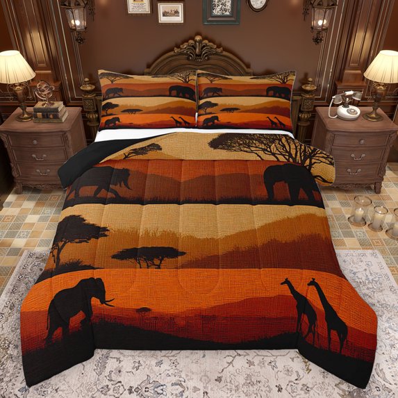 Homewish Female Men Women Wildlife Elephant Giraffe Bedding Comforter Set 2pcs,African Savanna Twin Comforter Sets Microfiber,Animal Migration Breathable Bedding Set,Super Cozy Room Decor