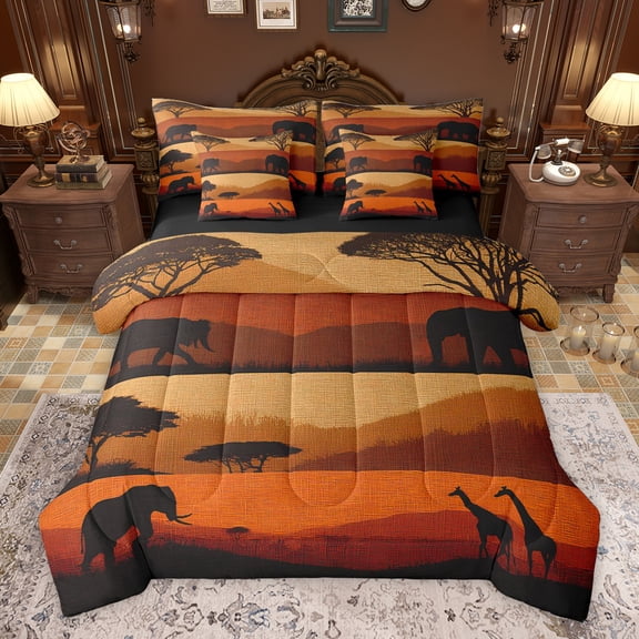 Homewish Female Men Women Wildlife Elephant Giraffe Bedding Comforter Set 7-Piece,African Savanna King Bedding Sets,Animal Migration Ultra Soft Bed Sheets,Super Cozy Room Decor,Reversible
