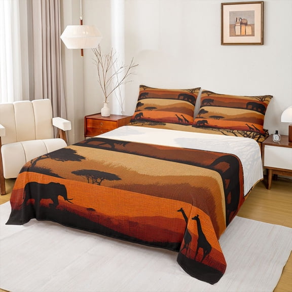 Homewish Female Men Women Wildlife Elephant Giraffe Twin Sheet Sets 3pcs,African Savanna Twin Fitted Sheet Microfiber,Animal Migration Breathable Flat Sheet,Super Cozy Room Decor