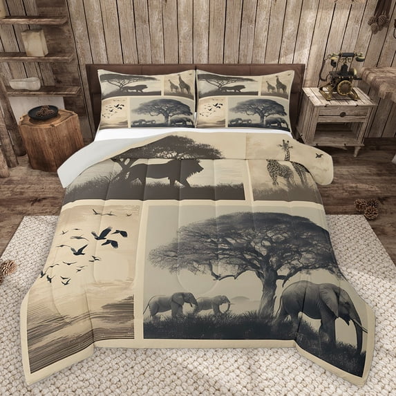 Homewish Female Men Women Wildlife Lion Elephant Giraffe Full Size Comforter Sets 3-Piece,African Savanna Bedding Comforter Set,Animal Migration Lightweight Bedding Sets,Super Cozy Room Decor