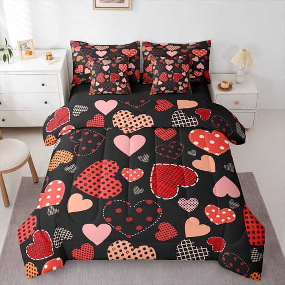 Homewish Female Women Adults Romantic Love Heart Bedding Comforter Set 7-Piece,Happy Valentine'S Day King Bedding Sets,Polka Dots Geometric Plaid Ultra Soft Bed Sheets,Microfiber Bedroom Decor