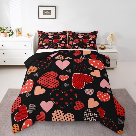 Homewish Female Women Adults Romantic Love Heart Full Size Comforter Sets 3-Piece,Happy Valentine'S Day Bedding Comforter Set,Polka Dots Geometric Plaid Lightweight Bedding Sets