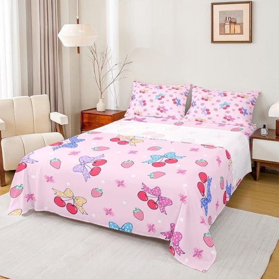Homewish Female Women Cute Fruit Cherry Strawbeery Full Size Sheets 4-Piece,Cartoon Polka Dots Bow-Tie Breathable Bed Sheets,Chic Floral Flowers Lightweight Sheet Sets,Ultra Soft Home Decor