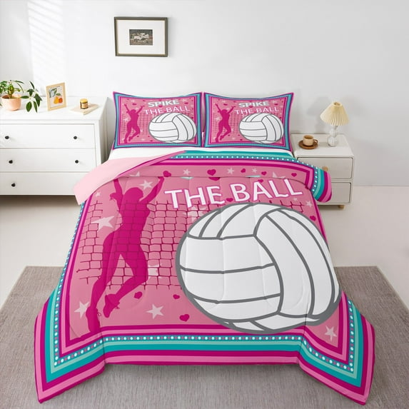 Homewish Female Women Sport Volleyball Full Size Comforter Sets 3-Piece,Pink Blue Bedding Comforter Set,Ball Gamer Lightweight Bedding Sets,Ultra Soft Home Decor,Reversible