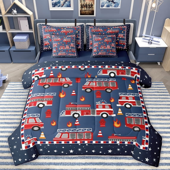 Homewish Fire Engine Print 7-Piece Bedding Comforter Set,Cute Stars Pattern King Bedding Sets,Deepblue Red Bed Sheets For Kids,Microfiber Bedroom Decor Reversible