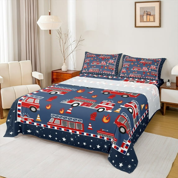 Homewish Fire Engine Print Queen Sheet Sets,Cute Stars Pattern Flat Sheet,Deepblue Red Queen Fitted Sheet For Kids,Microfiber Bedroom Decor,4-Piece