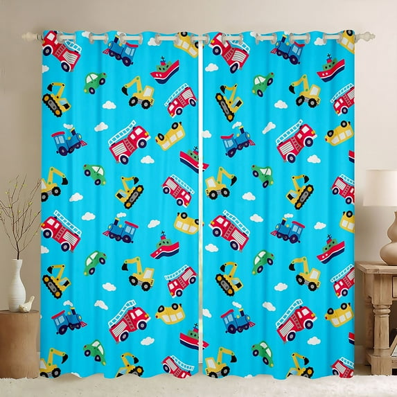 Homewish Fire Fighting Truck Blackout Curtains Set of 2 (52x84 Each) for Boy, Cartoon Construction Vehicle Window Curtains, Blue Sky Cloud Curtains and Drapes, Living Room Curtains Decor