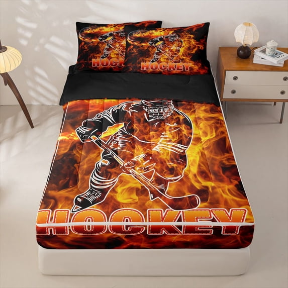 Homewish Fire Hockey Zipper Full Size Comforter Sets with Fitted Sheet and 2 Pillowcases, Sport Zipper Bedding Set for Men and Boys, Black Reversible, 4-Piece