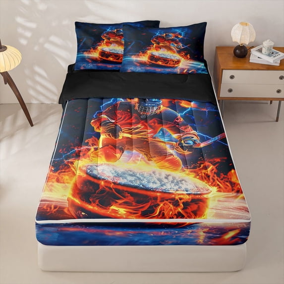 Homewish Fire Ice Hockey Zipper Twin Comforter Sets with Fitted Sheet and 2 Pillowcases, Cool Sports Zipper Bedding Set for Men and Boys, Black Reversible, 4pcs