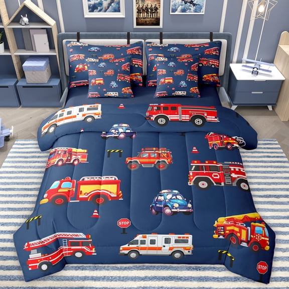 Homewish Fire Truck 7pcs Bedding Comforter Set,Ambulance Vehicle Queen Bedding Sets,Red Deepblue Queen Sheet Sets For Kids,Microfiber Bedroom Decor Reversible