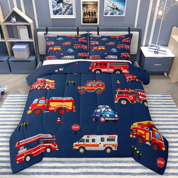 Homewish Fire Truck Bedding Comforter Set,Ambulance Vehicle Twin Comforter Sets,Red Deepblue Bedding Set For Kids,Microfiber Bedroom Decor Reversible,2pcs