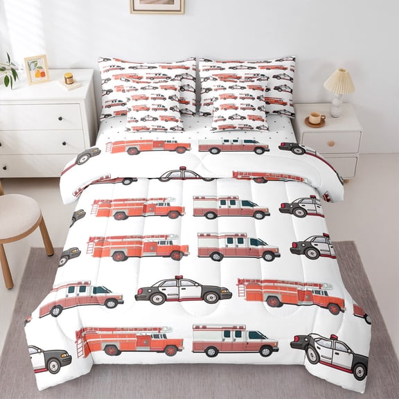 Homewish Fire Truck Boy 7-Piece Bedding Comforter Set,Car Theme King Bedding Sets,Firefighter Car Ultra Soft Bed Sheets,Breathable Home Decor,Reversible