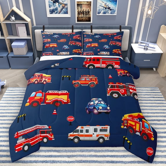Homewish Fire Truck Queen Comforter Set,Ambulance Vehicle Bedding Sets,Red Deepblue Bedding Comforter Set For Kids,Microfiber Bedroom Decor Reversible,3 Pieces