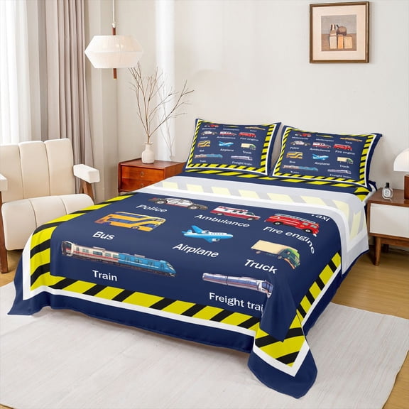 Homewish Fire Truck Twin Sheet Sets,Cartoon Police Car Twin Fitted Sheet,Modern Aircraft Airplane Flat Sheet For Boys Kids,Super Cozy Room Decor,3-Piece