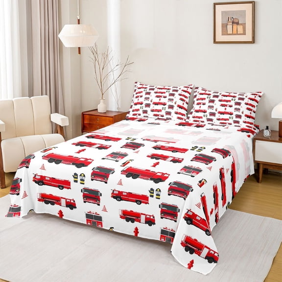 Homewish Fire Truck Twin Sheet Sets,Equipped Vehicles Twin Fitted Sheet,White Red Flat Sheet For Boys Kids,Ultra Soft Home Decor,3pcs