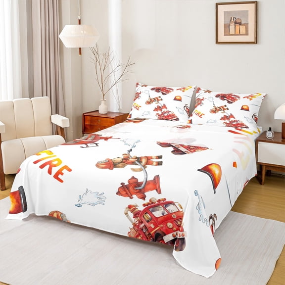 Homewish Firefighter Twin Sheet Sets,Fire Truck Twin Fitted Sheet,Red White Orange 03 For Boys Teens,Breathable Home Decor,3pcs