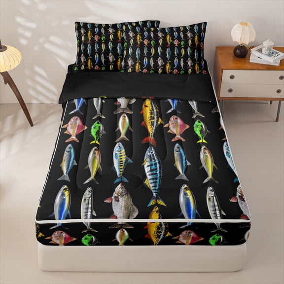 Homewish Fishing Fish Zipper Twin Comforter Sets with Fitted Sheet and 2 Pillowcases,Farmhouse Rustic Zipper Bedding Set,Black Reversible,4 Pieces