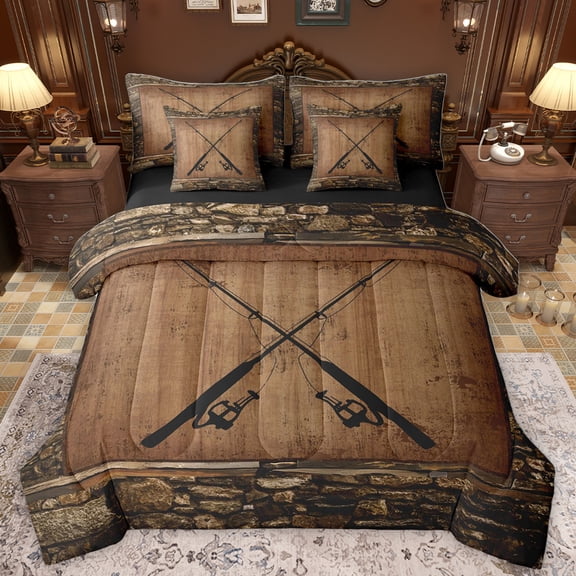 Homewish Fishing Rod 7pcs Bedding Comforter Set,Country Farmhouse Lodge Queen Bedding Sets,Brown Black Queen Sheet Sets For Boys Kids,Microfiber Bedroom Decor Reversible