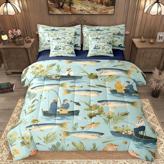 Homewish Fishing Theme Bedding Comforter Set 7-Piece for Female Men Adults,Big Bass Fish King Bedding Sets,River House Ultra Soft Bed Sheets,Ultra Soft Home Decor,Reversible