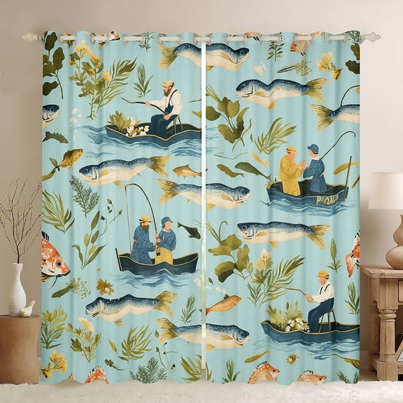 Homewish Fishing Theme Black Out Curtains for Female Men Adults,Big Bass Fish Curtains Pack of 2 (42x63 Each),River House Bedroom Curtains,Ultra Soft Home Decor