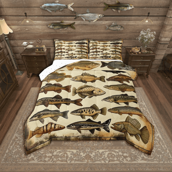 Homewish Fishing Theme Full Size Comforter Sets 3-Piece for Female Men Adults,Big Bass Fish Bedding Comforter Set,Retro Vintage Lightweight Bedding Sets,Ultra Soft Home Decor,Reversible