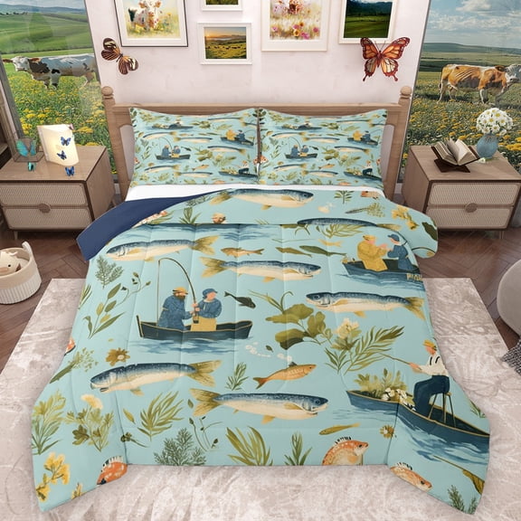 Homewish Fishing Theme Full Size Comforter Sets 3-Piece for Female Men Adults,Big Bass Fish Bedding Comforter Set,River House Lightweight Bedding Sets,Ultra Soft Home Decor,Reversible