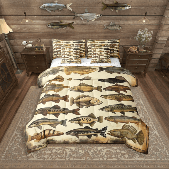 Homewish Fishing Theme Twin Bedding Sets 7-Piece for Female Men Adults,Big Bass Fish Bedding Comforter Set Microfiber,Retro Vintage Breathable Sheet Sets,Ultra Soft Home Decor,Reversible